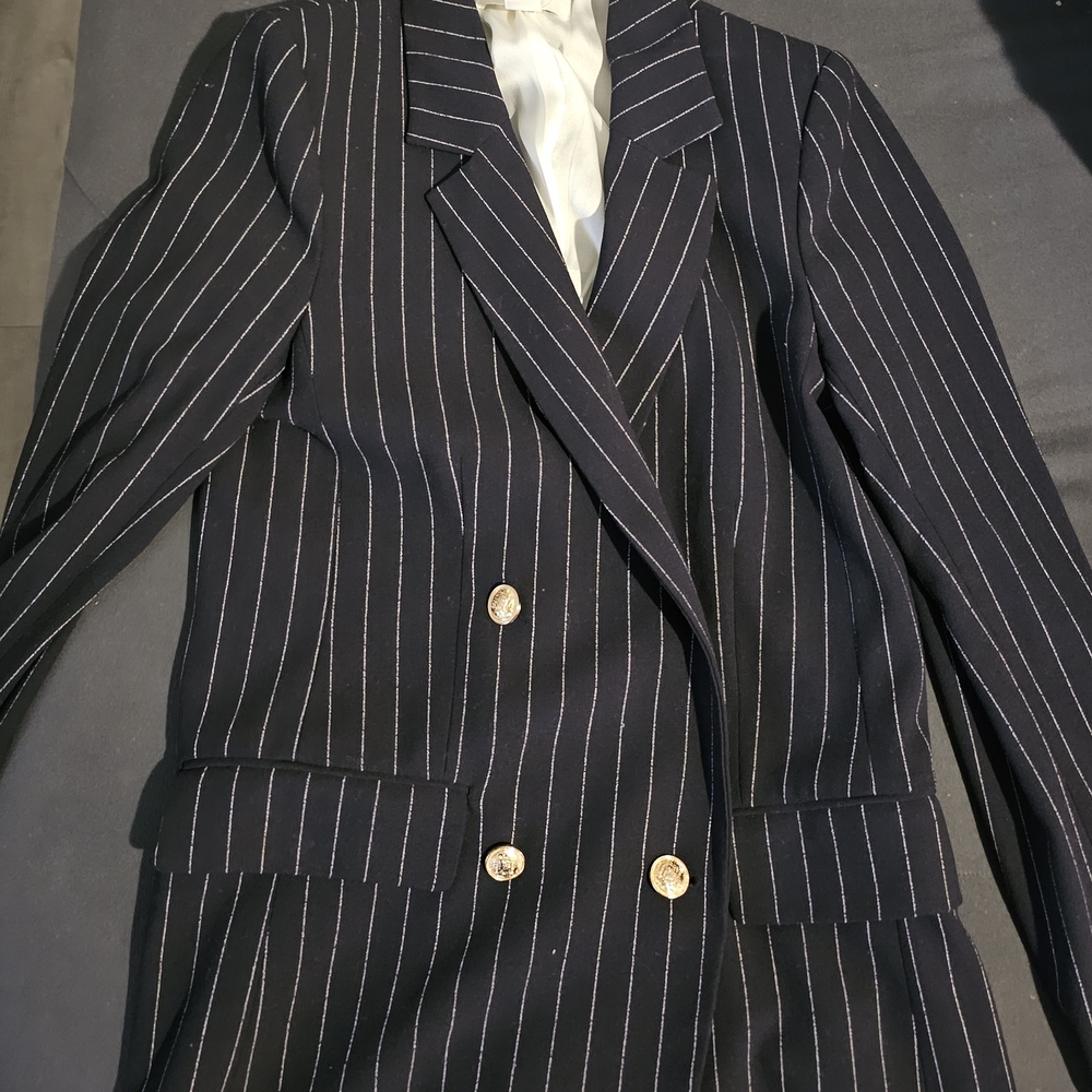 Black Pinstripe Blazer with Gold Buttons